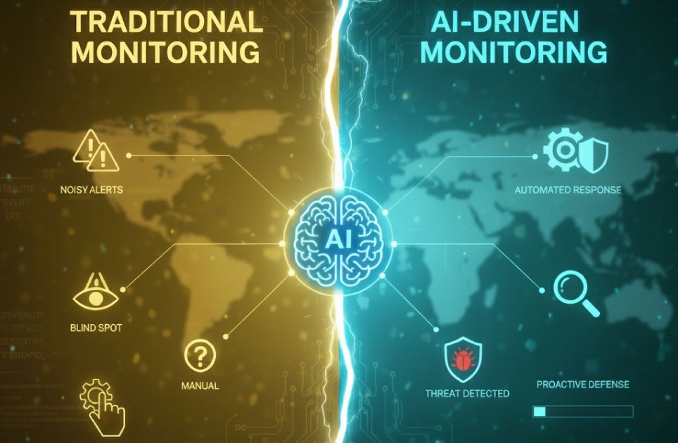 Comparison of traditional monitoring with noisy alerts, blind spots, and manual workflows versus AI-driven monitoring with automated response, faster threat detection, and proactive defense across a global network