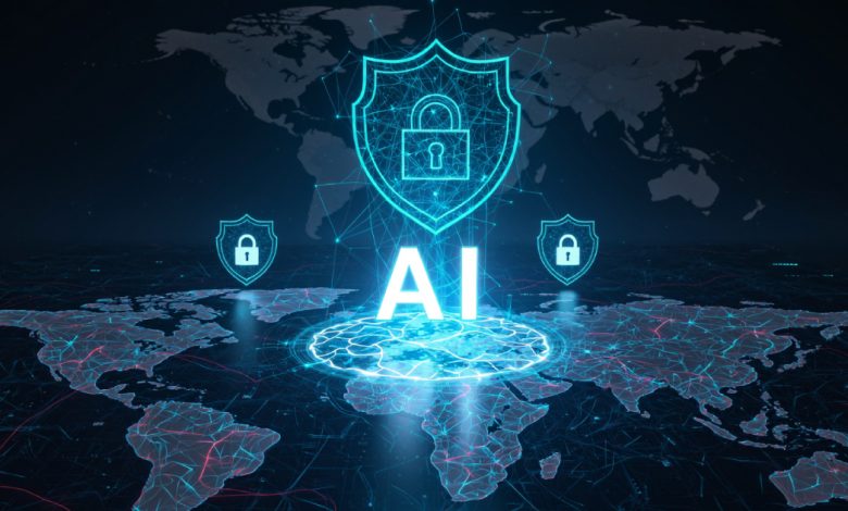 AI-powered cybersecurity visualization over a world map with a glowing “AI” centerpiece, shield-and-padlock icons, and a connected network mesh indicating global protection