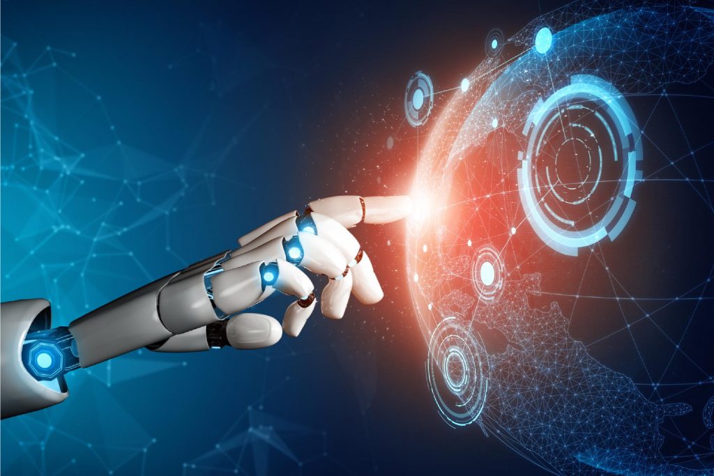 A robotic hand touches a glowing digital globe, symbolizing AI and global connectivity.
